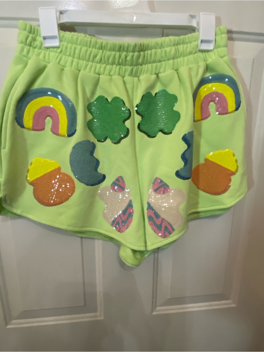 QUEEN OF SPARKLES Lime Green Lucky Charms Icon Women's Shorts NWOT